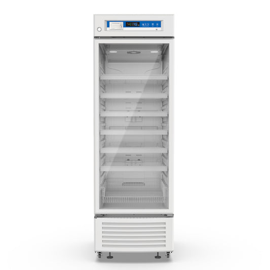 A white medical refrigerator with glass doors and adjustable shelves, ideal for storing sensitive materials in pharmacies, labs, and clinics.