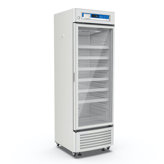 A white upright medical refrigerator with glass doors and adjustable shelves, providing 395L of storage capacity.