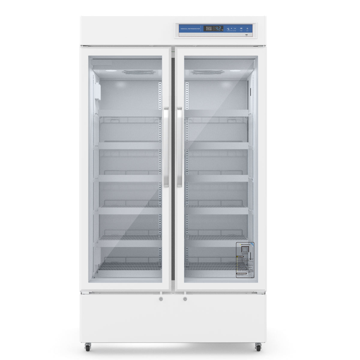 A white medical refrigerator with glass doors and adjustable shelves, providing 1015L of storage capacity. Temperature range: 2℃～8℃.