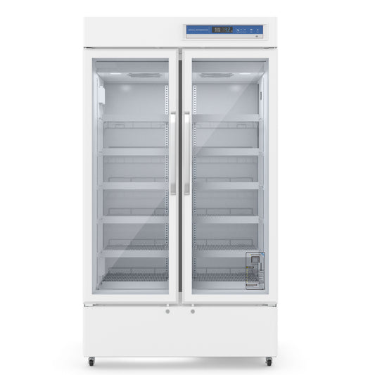 A white medical refrigerator with glass doors and adjustable shelves, providing 1015L of storage capacity. Temperature range: 2℃～8℃.