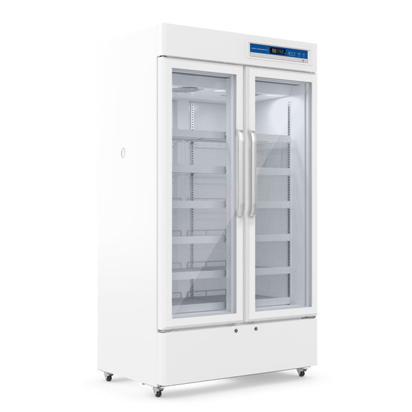 A white 2-door medical refrigerator with glass doors and adjustable shelves, providing 1015L of storage capacity. Temperature range: 2℃～8℃.