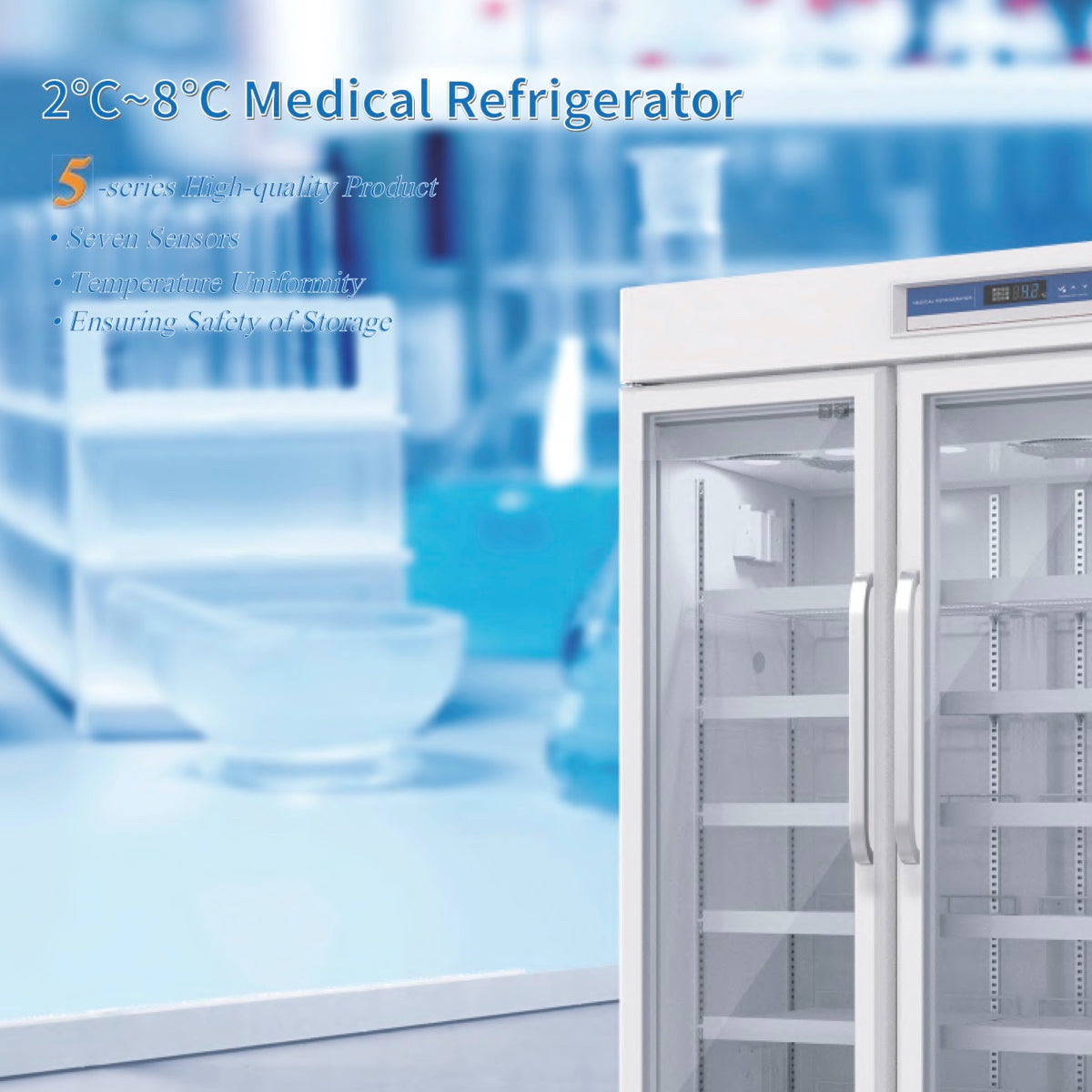 A white medical refrigerator with glass doors and adjustable shelves for high efficient capacity storage.