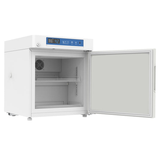 A white refrigerator with a door open, equipped with temperature control and alarm functions for safe storage.