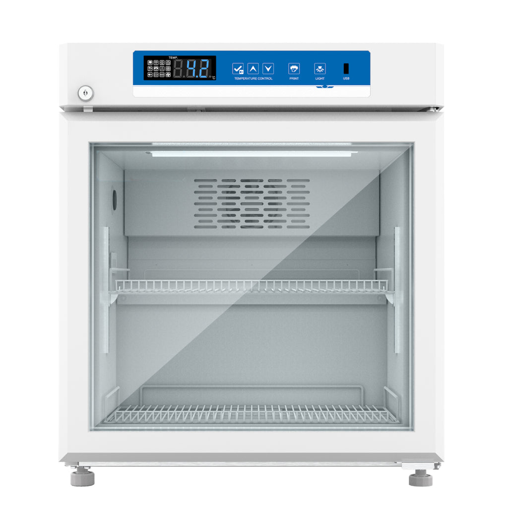 A white refrigerator with a glass door, designed for medical use. Features include constant temperature control, transparent double-layer tempered glass door, and multiple alarm functions for storage safety. Ideal for laboratories, hospitals, pharmacies, and more.