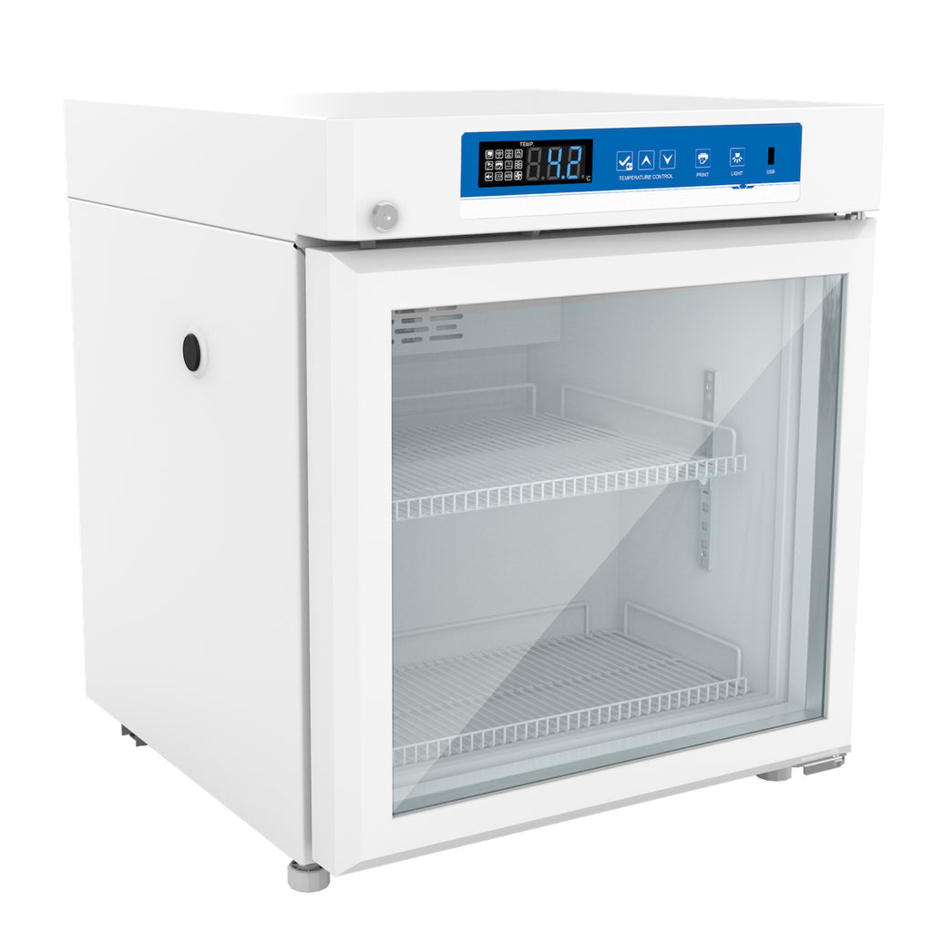 A white refrigerator with a glass door, perfect for pharmaceutical storage. Features include temperature control, alarm functions, and adjustable shelves.