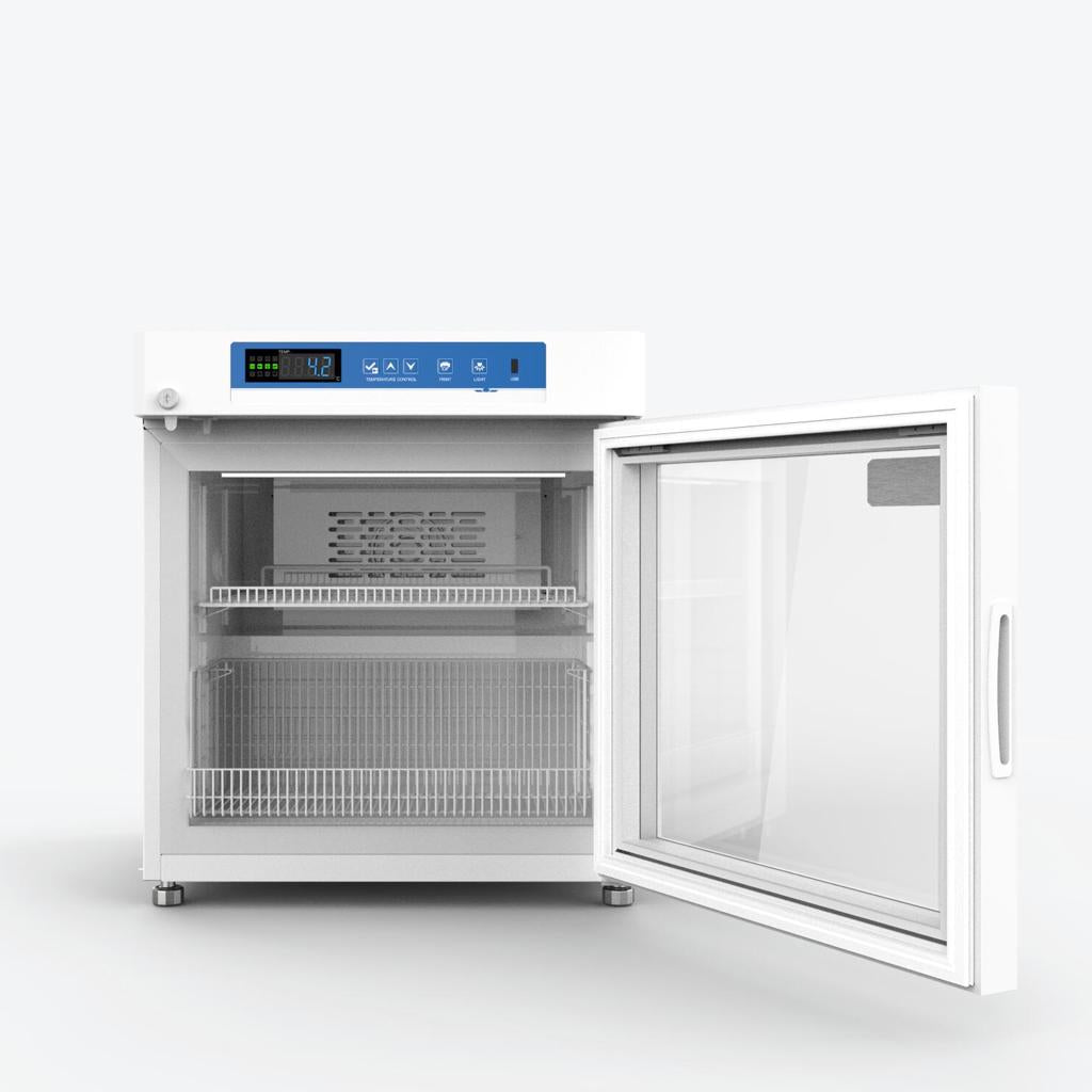 An open refrigerator with a glass door, perfect for medical storage. Features include temperature control, alarms, and adjustable shelves. Kings Bottle 2°C to 8°C 55L Compact Medical Grade Pharmacy Refrigerator.