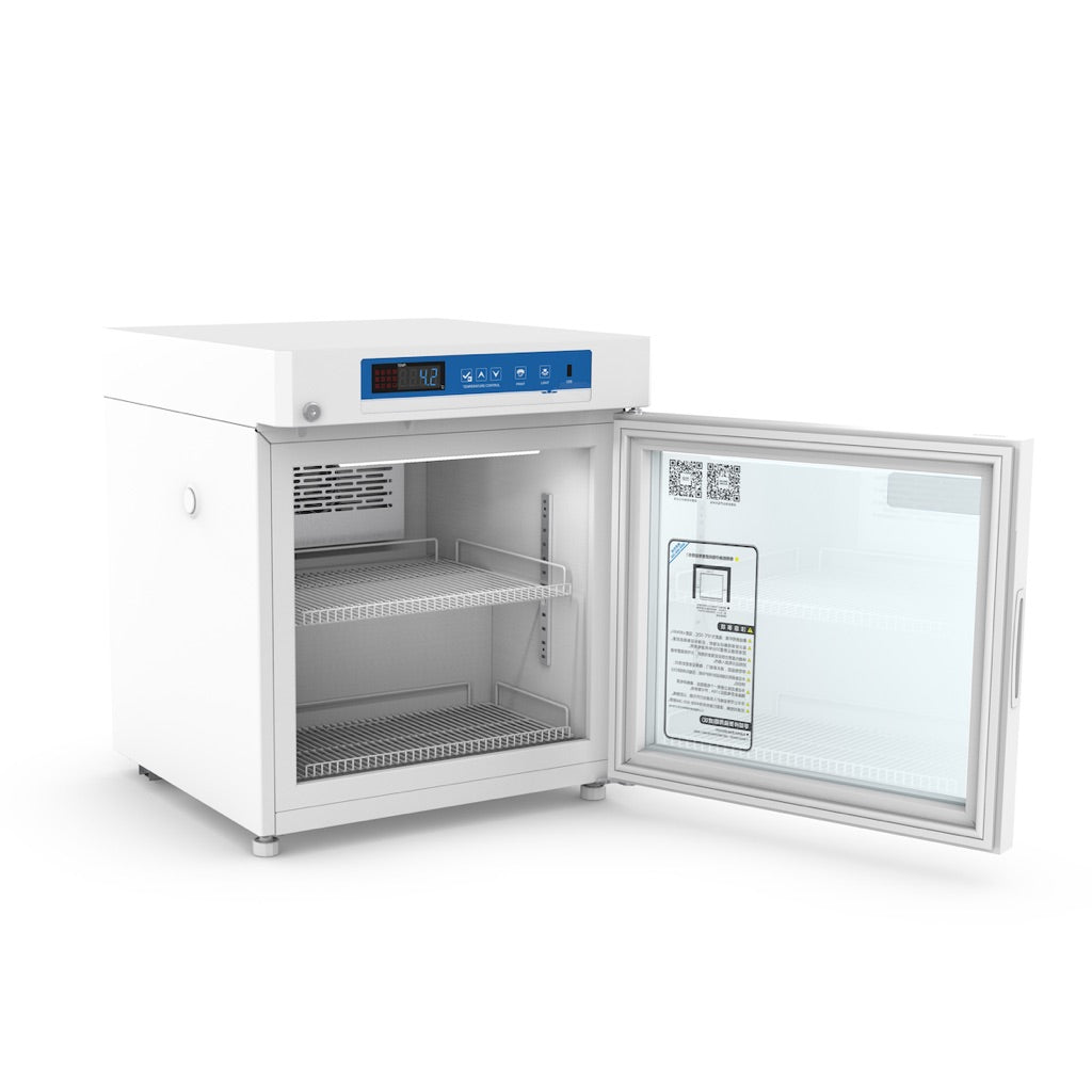 A white refrigerator with a transparent double-layer tempered glass door and intelligent temperature control. Ideal for medical storage.