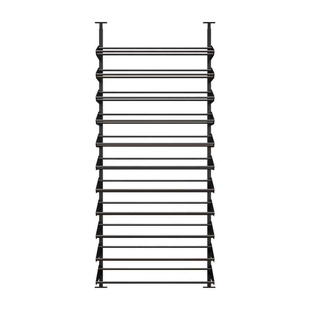 A black metal wine rack with multiple rows of bars and shelves, showcasing the Ultra Wine Rack Featured Showcase Display Kit (78-100 Bottles).