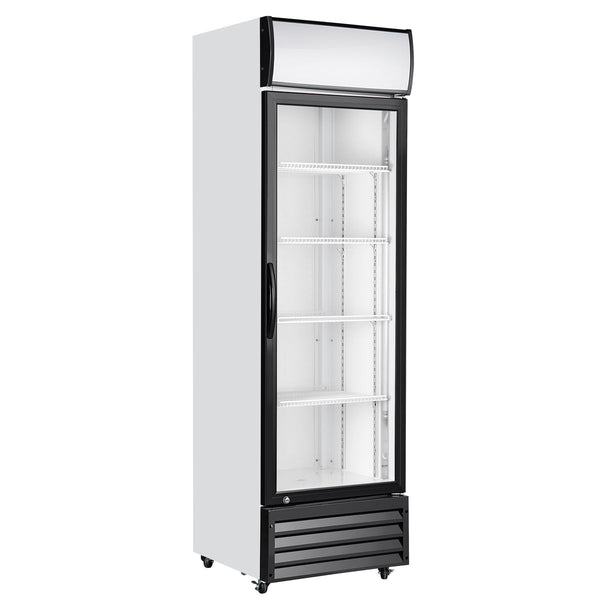 A Kings Bottle Upright Display Merchandiser Refrigerator with glass doors and adjustable temperature range.