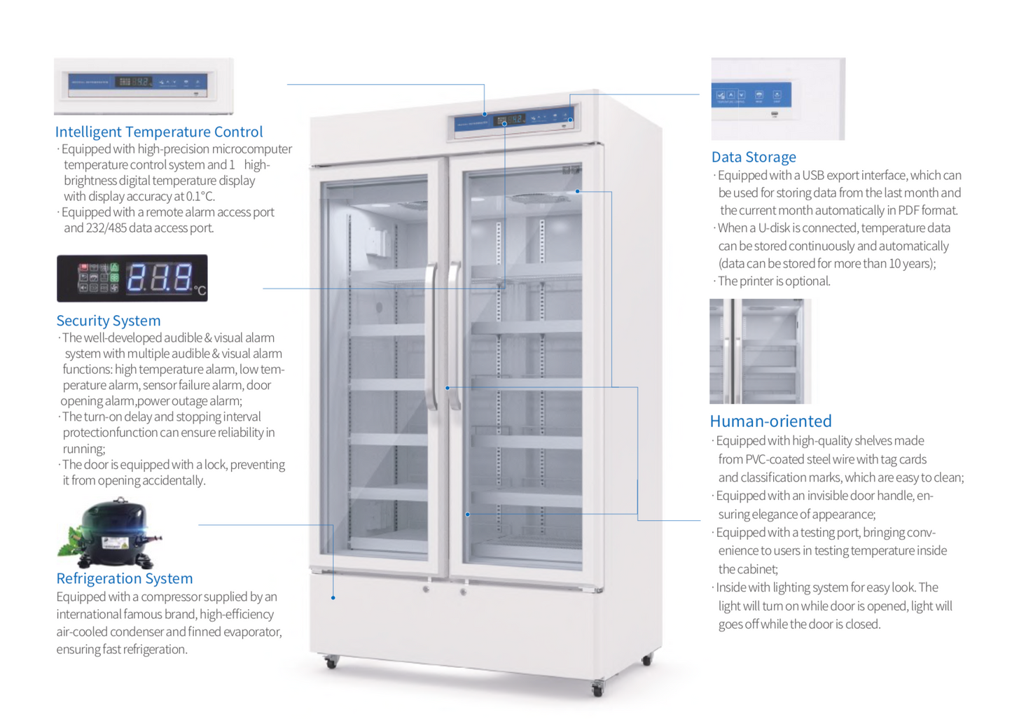 A white 2-door medical refrigerator with adjustable shelves and a digital temperature display.