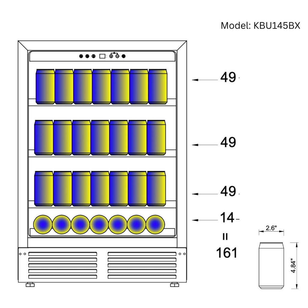 a blue and yellow drawing of a machine, a shelf with cans and balls, a yellow and blue circles, a row of blue and yellow cans, a black number on a white background, a close-up of a vent, a blue and yellow drawing of a cooler, a row of blue and yellow cans, a number with black text, a blue and yellow circle