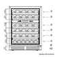 A drawing of a wine cooler with a black glass door and beech wooden shelves, designed for 46 bottles of wine.