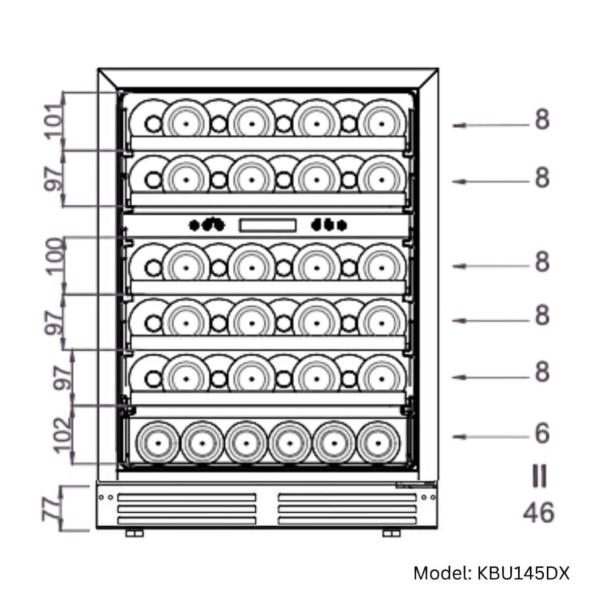 A drawing of a wine cooler with a black glass door and beech wooden shelves, designed for 46 bottles of wine.