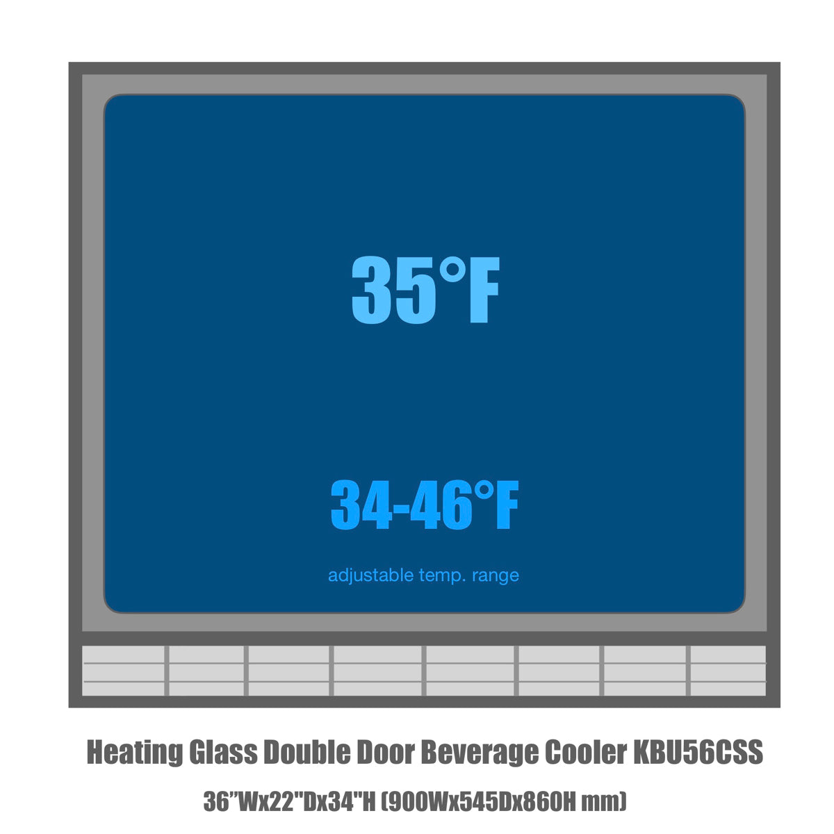 Kings Bottle 36" Heating Glass 2 Door Built In Beverage Fridge: A blue rectangular sign with white text, displaying product details and specifications.
