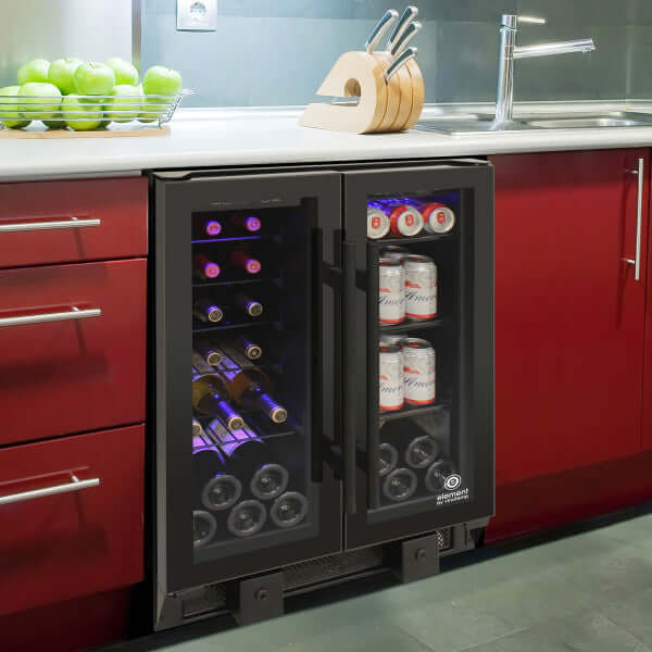 Vinotemp Butler Series Touch Screen Wine and Beverage Cooler W/ French Doors - side view with background