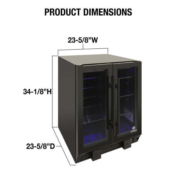 Vinotemp Butler Series Touch Screen Wine and Beverage Cooler W/ French Doors - front view with dimensions