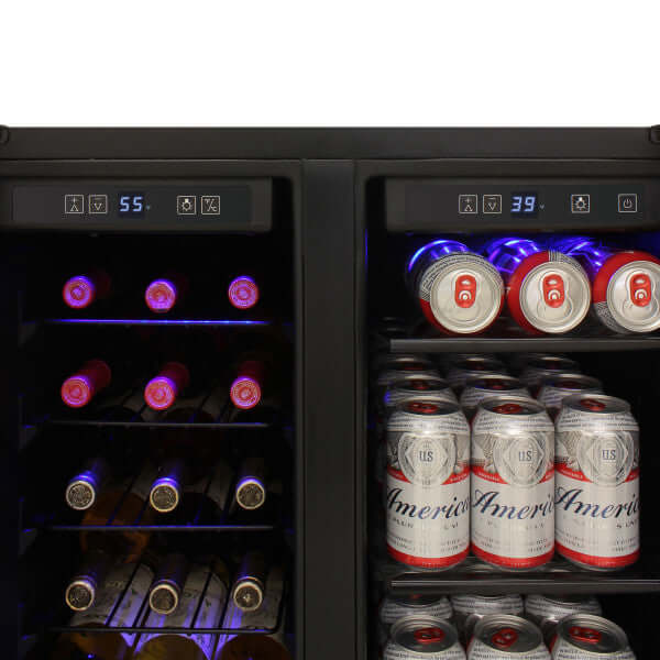 Vinotemp Butler Series Touch Screen Wine and Beverage Cooler W/ French Doors - front view with bottles and cans