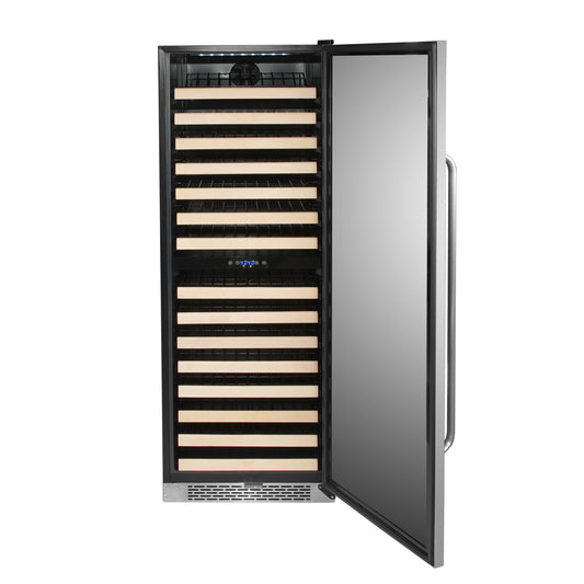 a black and silver wine cooler with customizable display rack and LED display