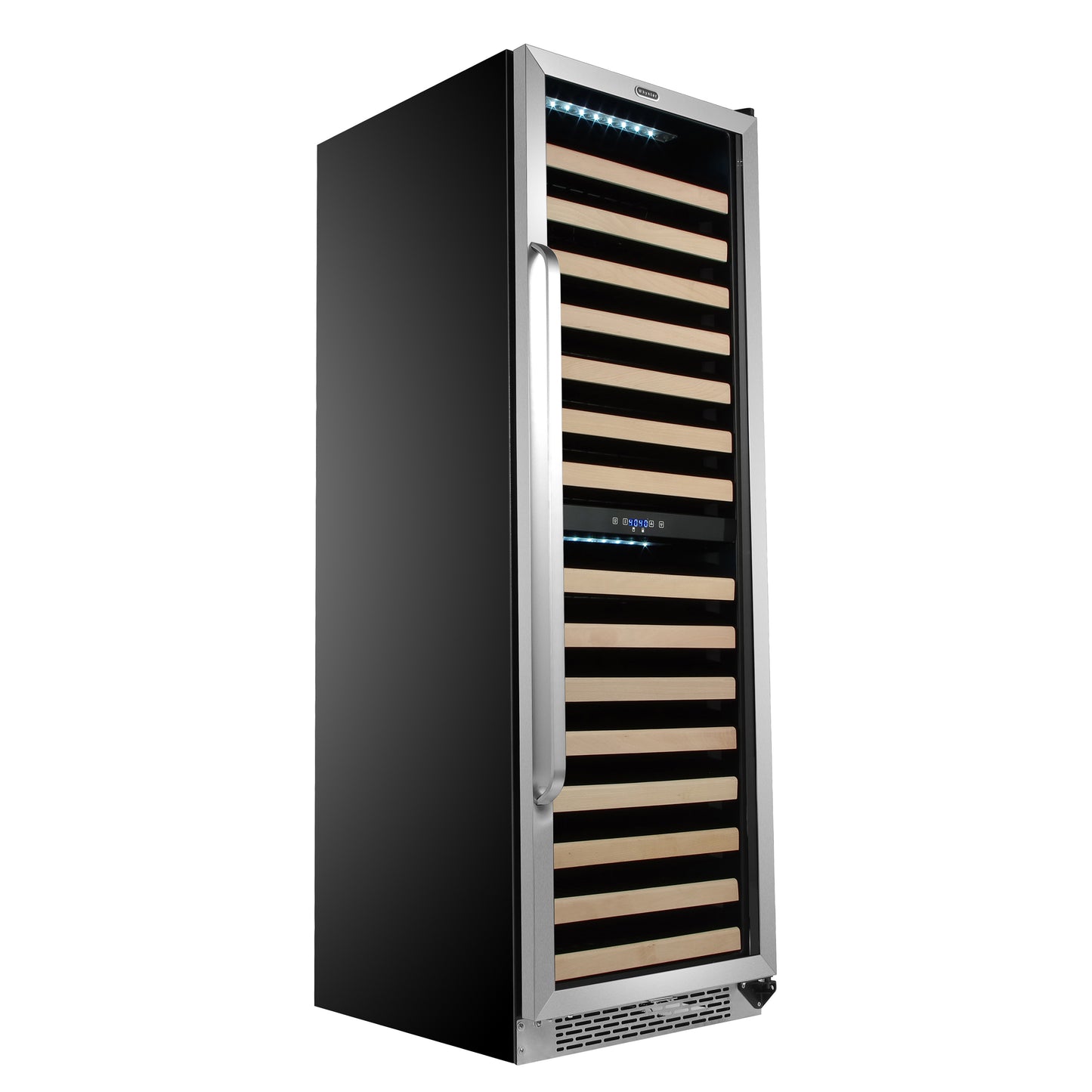 a black and silver wine cooler with wood shelves and a digital display