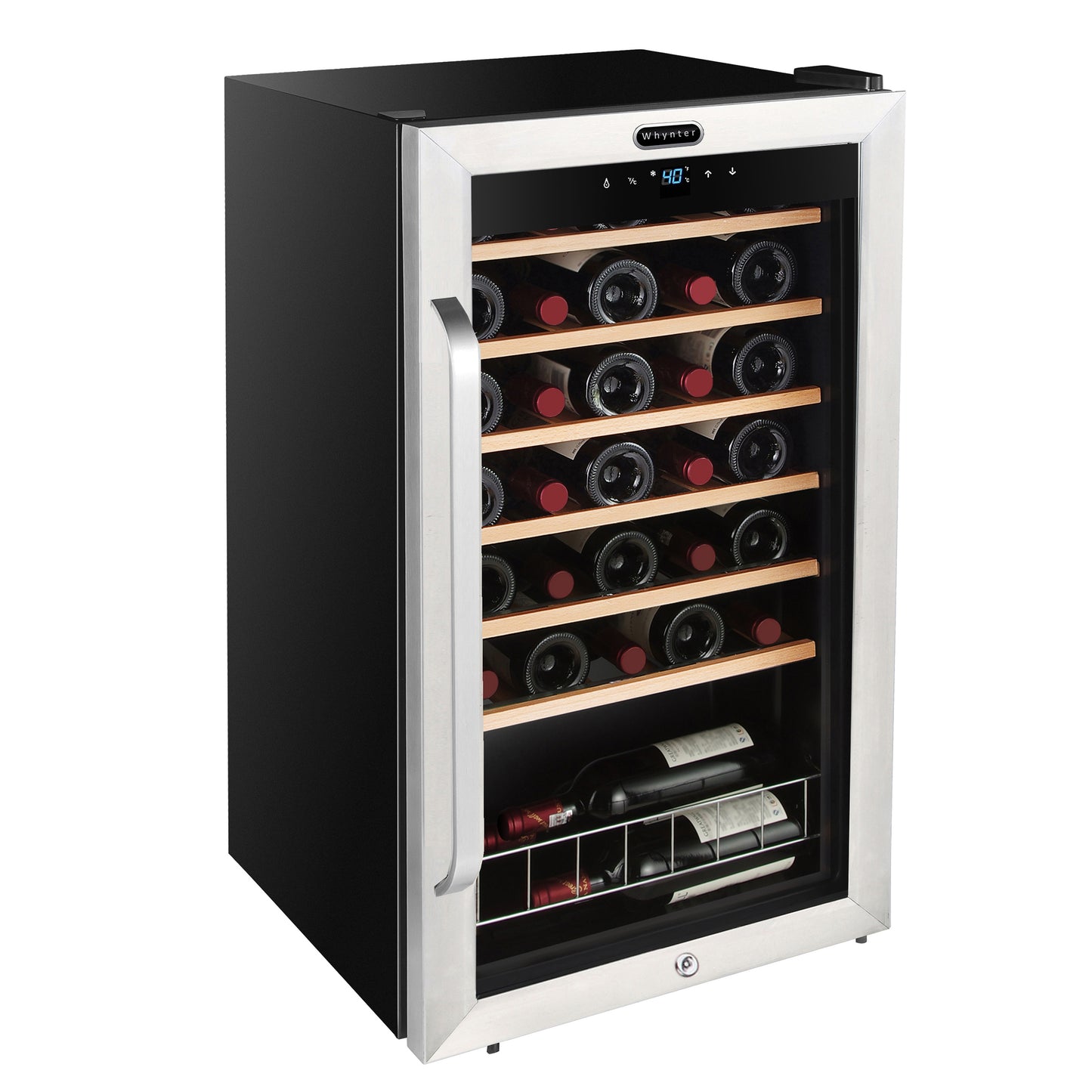 A stainless steel wine fridge with 166 bottles of wine on adjustable shelves and a wire display rack.