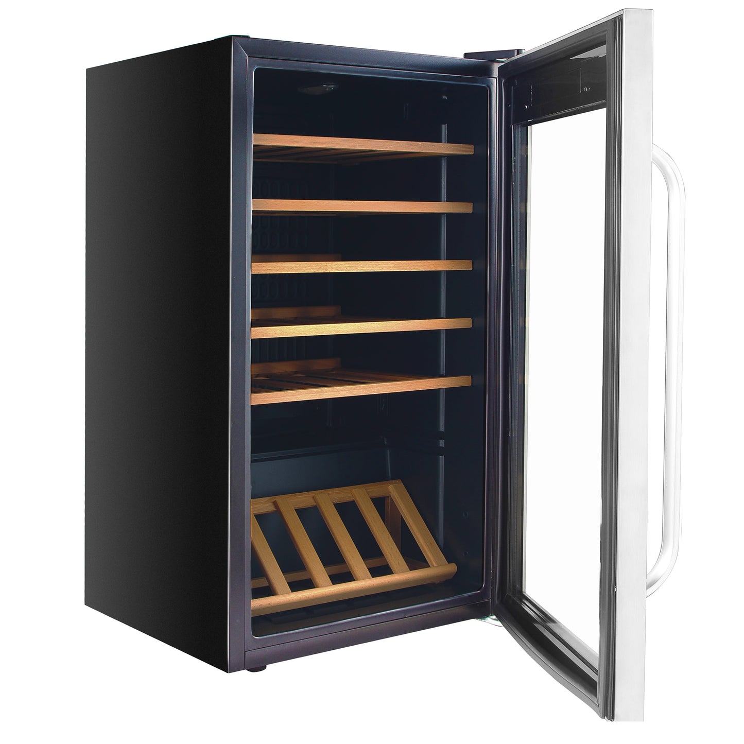 A black stainless steel wine fridge with glass door and LED lights, showcasing 166 standard 750ml wine bottles on adjustable shelves and a wire display rack.