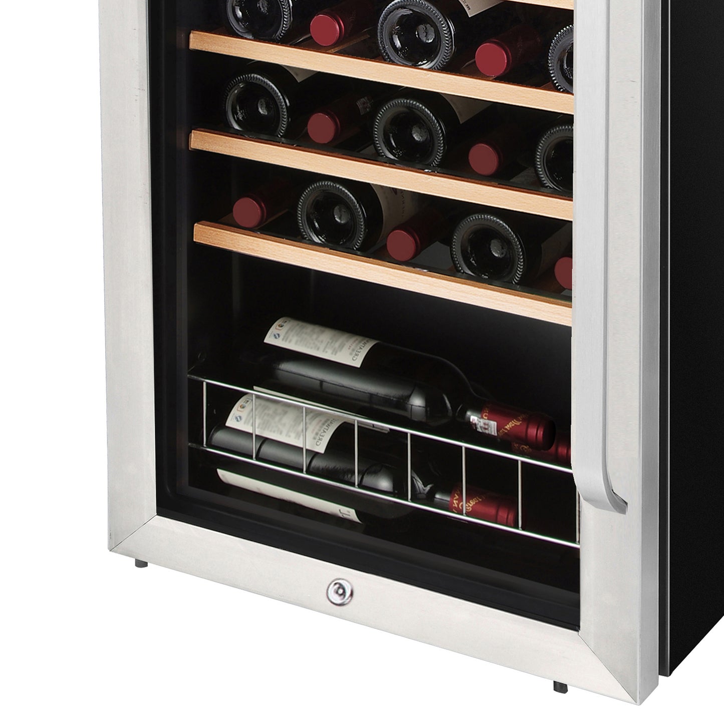 a wine fridge with bottles inside, stainless steel glass door, 166-bottle capacity