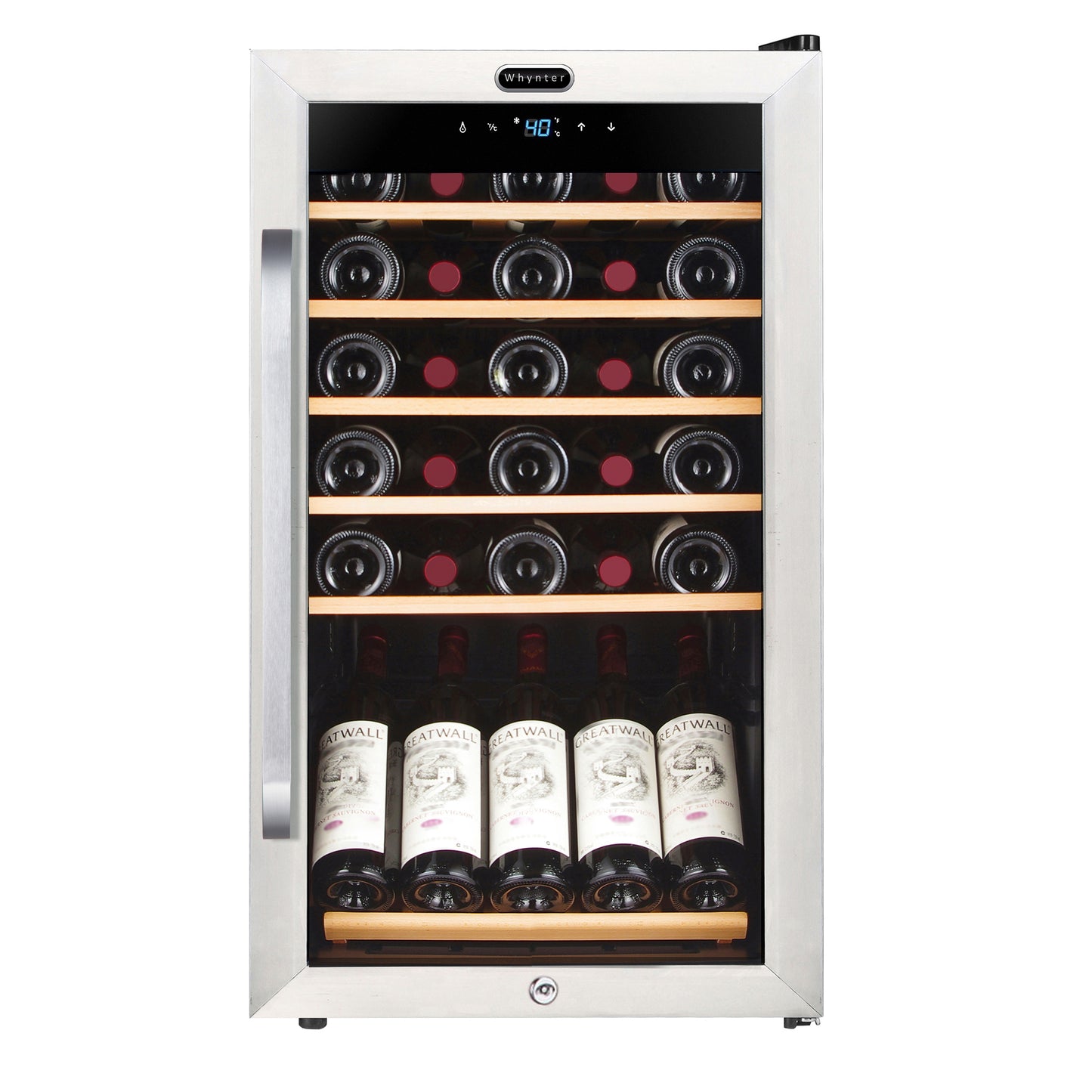 A stainless steel wine cooler with 166 bottles of wine, LED lights, and adjustable shelves.