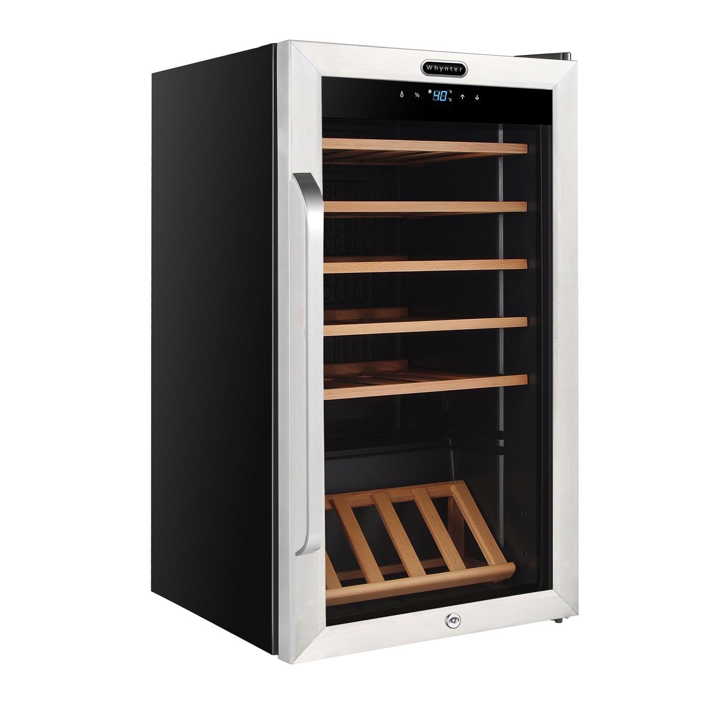 A black and silver wine cooler with wooden shelves, capable of holding up to 166 standard 750ml wine bottles.