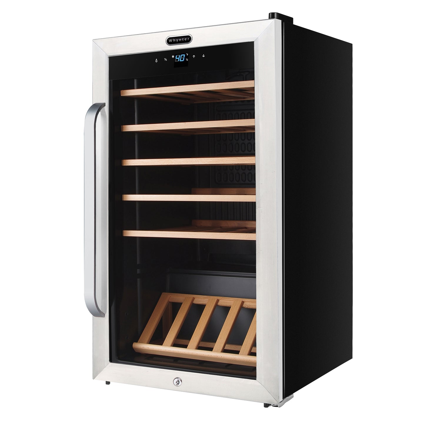 A black and silver wine cooler with adjustable wooden shelves, capable of holding up to 166 standard 750ml wine bottles.
