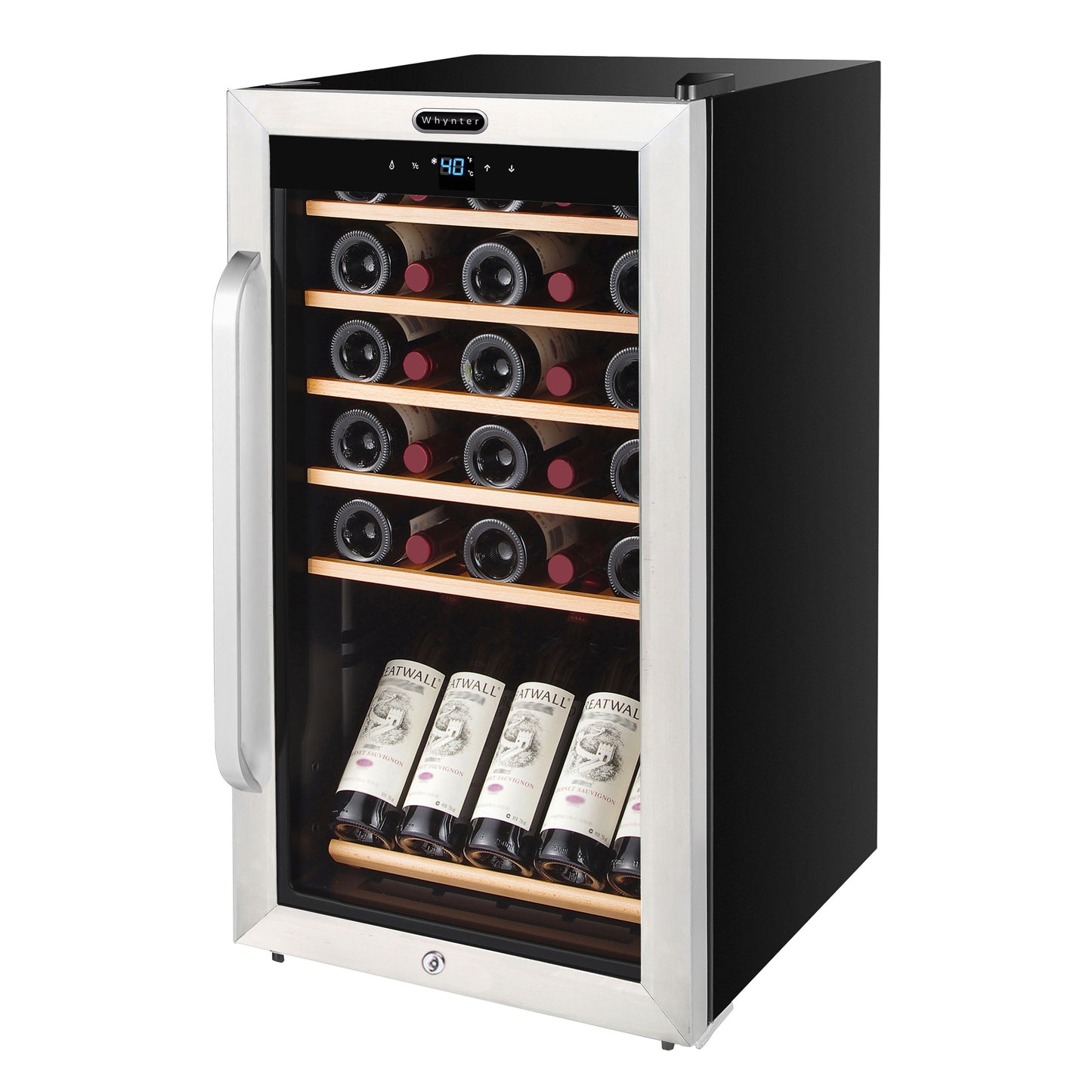A stainless steel wine fridge with 166-bottle capacity and LED lights, showcasing bottles on adjustable shelves and a wire display rack.