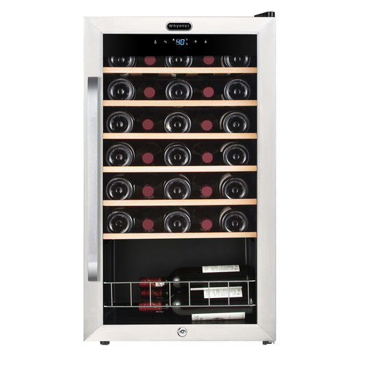 A stainless steel wine cooler with 166-bottle capacity and LED lights, featuring adjustable shelves and a wire display rack for showcasing bottles.