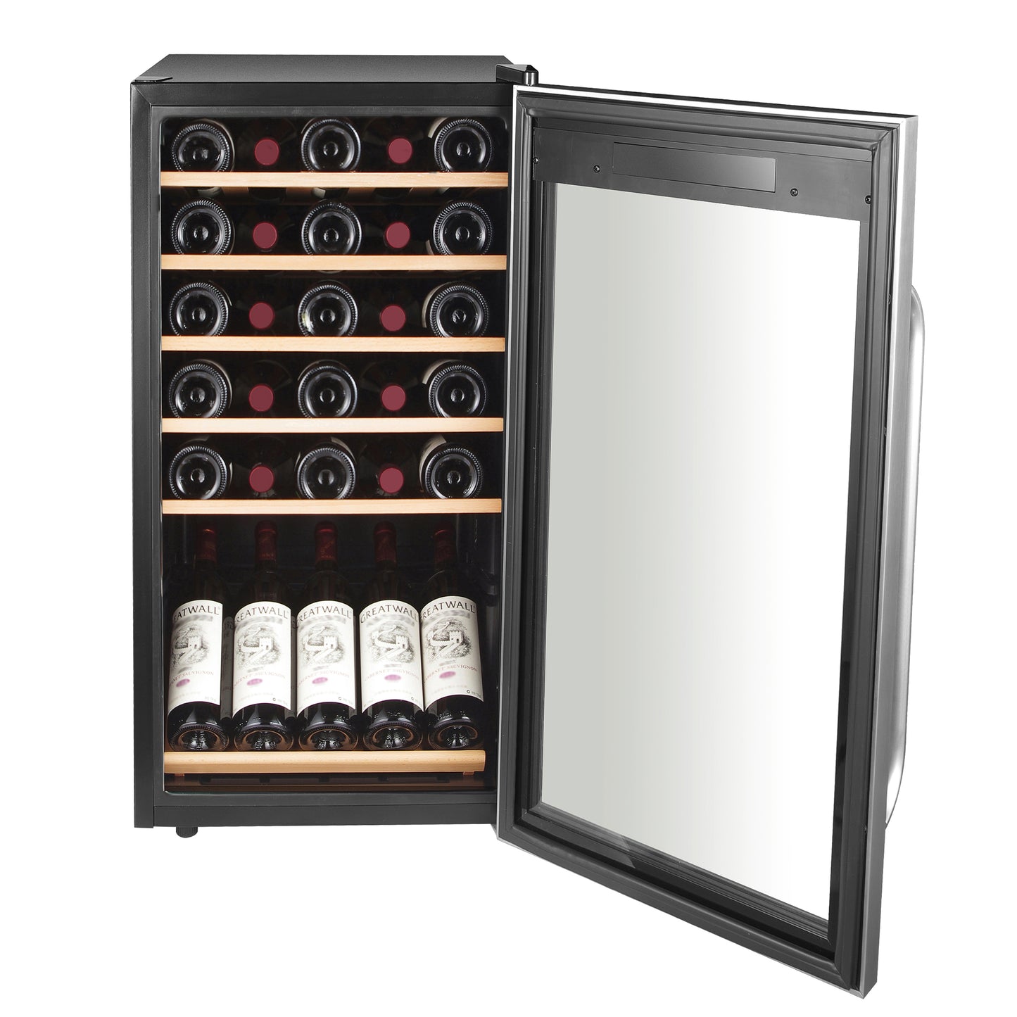 A black refrigerator with bottles of wine displayed on adjustable shelves and a wire rack.