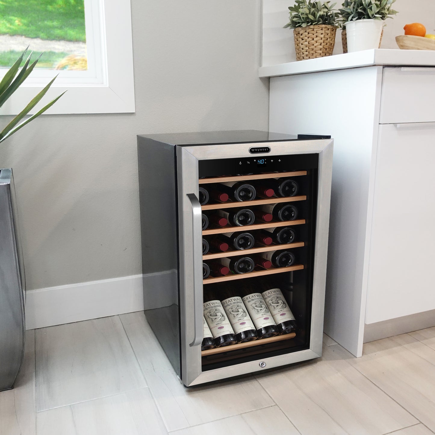 A stainless steel wine fridge with 166 bottles, LED lights, and adjustable shelves.