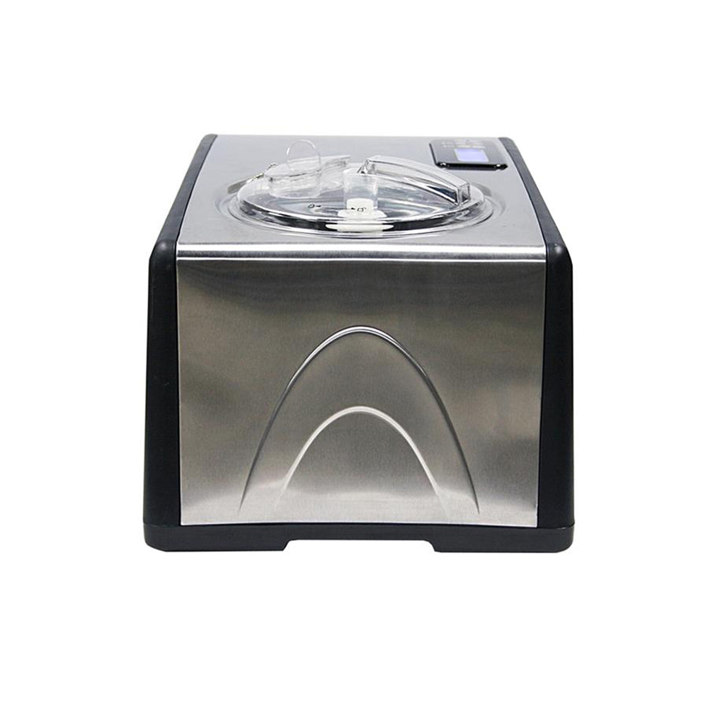 A silver and black automatic compressor ice cream maker with a sleek stainless steel exterior and LCD control panel.