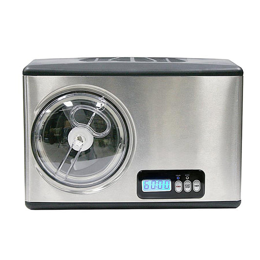 A silver and black automatic compressor ice cream maker with LCD control panel and stainless steel housing.