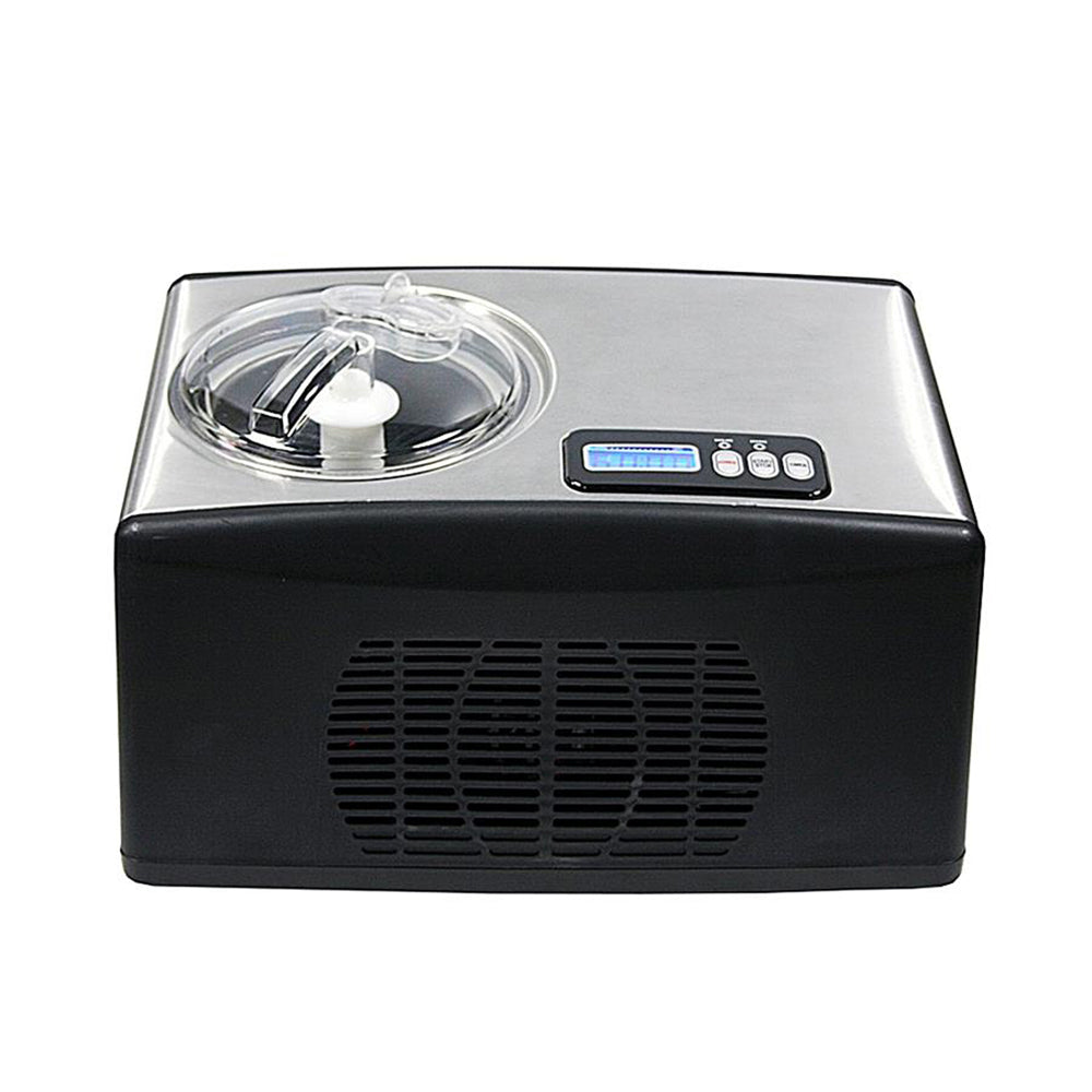 A black and silver automatic compressor ice cream maker with a clear lid, LCD control panel, and stainless steel housing.