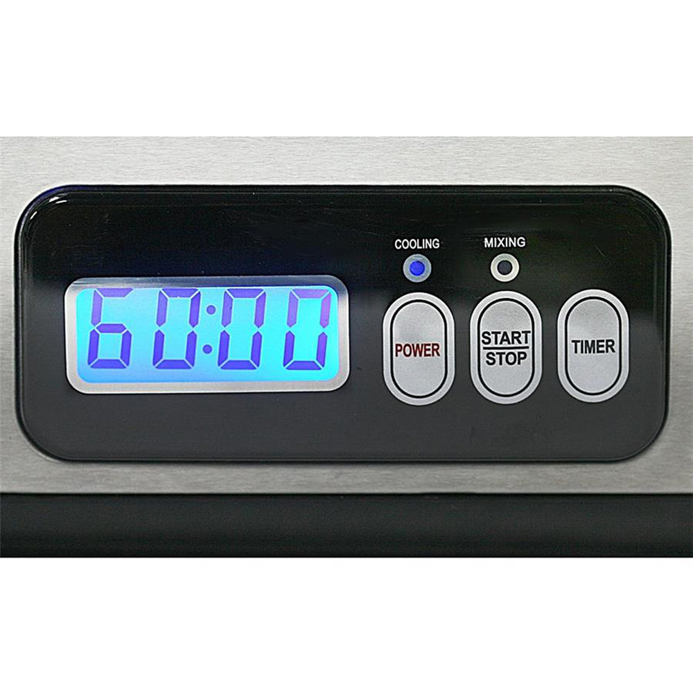 A stainless steel ice cream maker with a digital clock and LCD control panel.