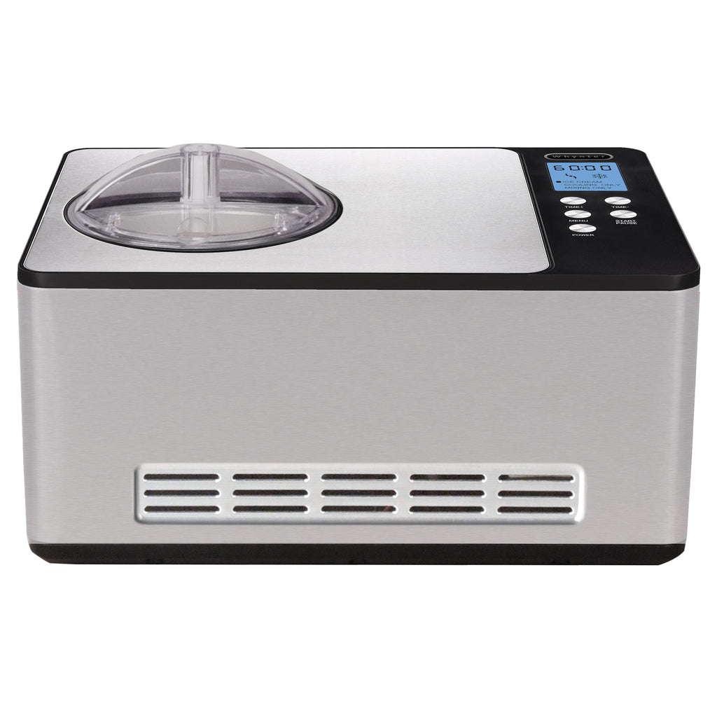 A silver and black machine, an ice cream maker with stainless steel housing and LCD control panel.