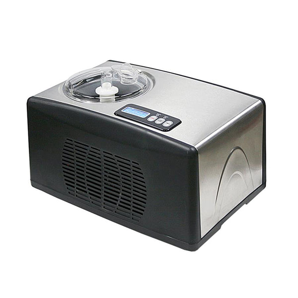 A black and silver ice cream maker with a clear tube and digital scale.