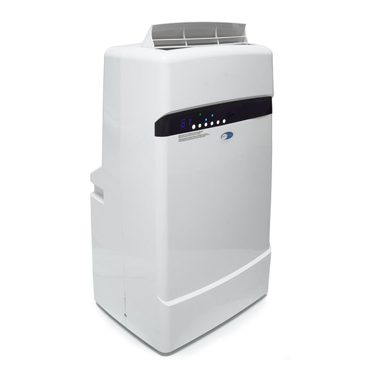 A white portable air conditioner with a screen, dual hose operation, and activated carbon filter. Whynter Eco-Friendly 12,000 BTU 400 sq ft Dual Hose Portable Air Conditioner with Activated Carbon Filter.
