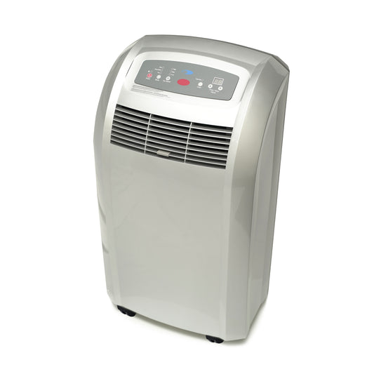 A silver portable air conditioner with buttons and a vent, perfect for cooling rooms up to 400 sq ft.