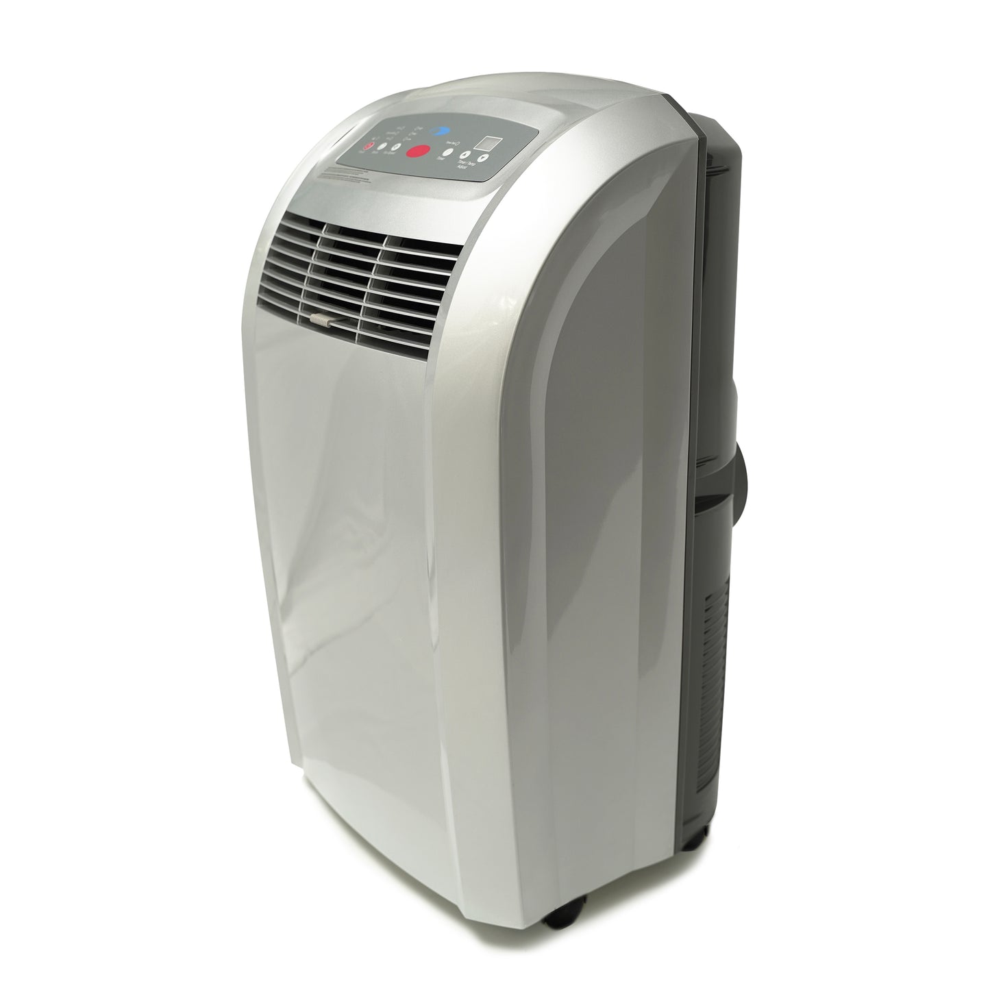 A silver portable air conditioner with a carbon filter, 12,000 BTU, and eco-friendly features.