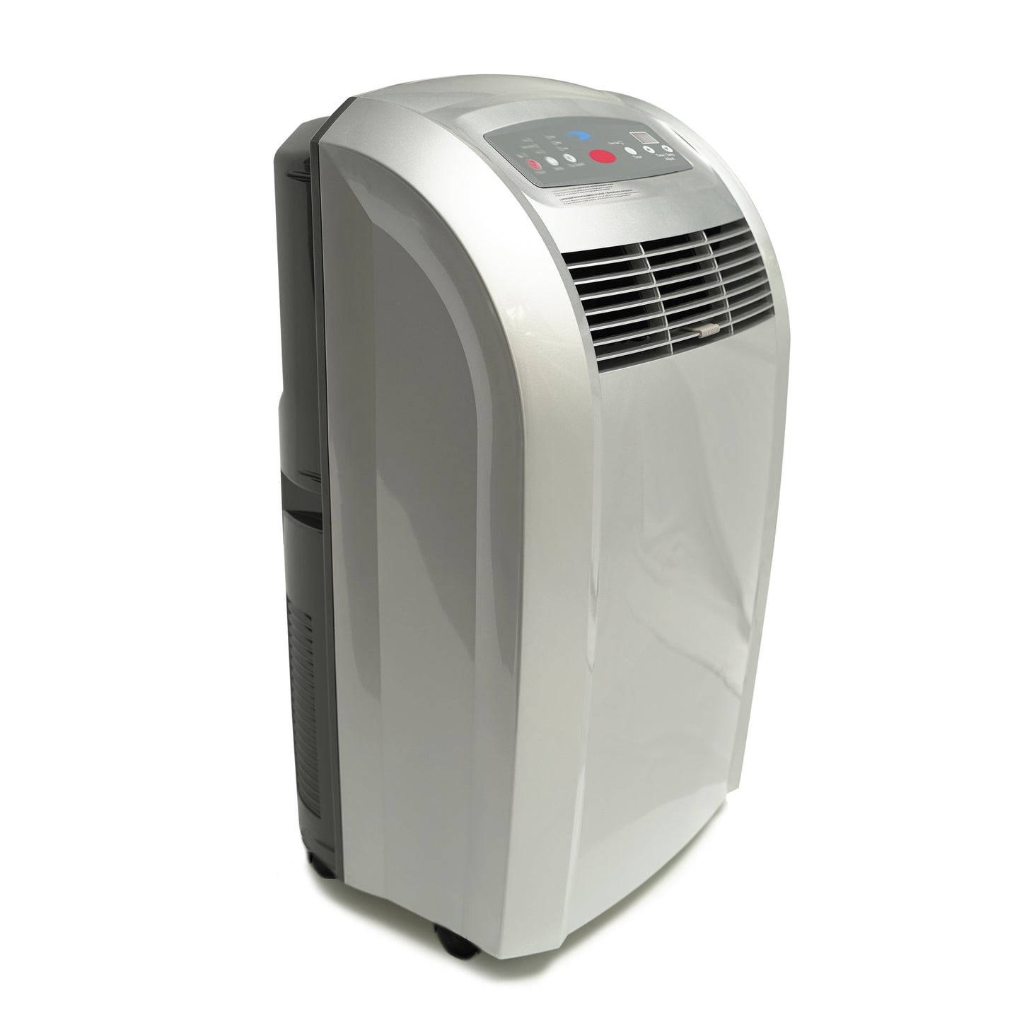A silver portable air conditioner with activated carbon filter, perfect for cooling up to 400 sq ft.