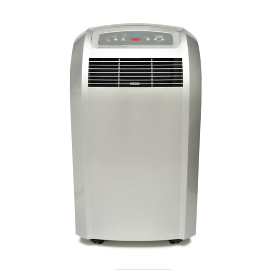 A silver portable air conditioner with vent and carbon filter.