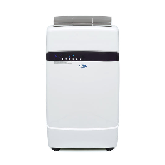 A white rectangular device with buttons and a vent, the Whynter Eco-Friendly 12,000 BTU Dual Hose Portable Air Conditioner and Heater with Activated Carbon Filter.