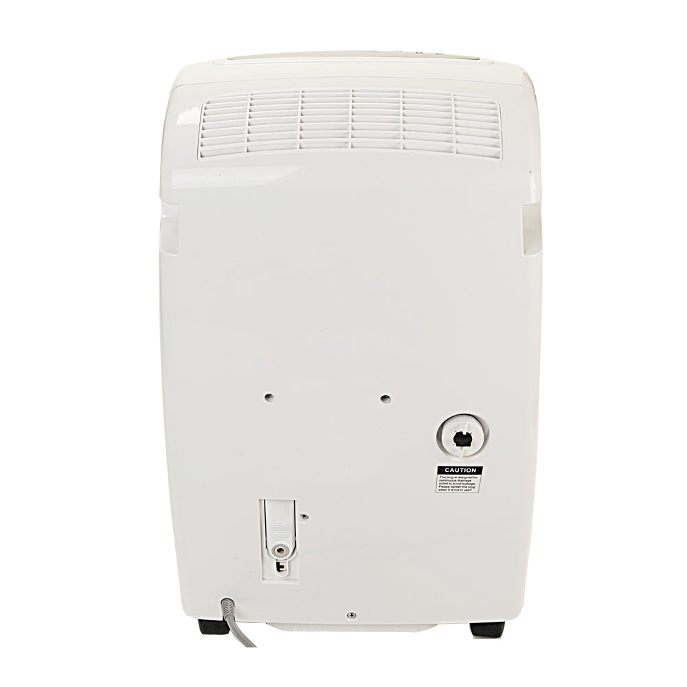 A white portable dehumidifier with buttons and a built-in pump.