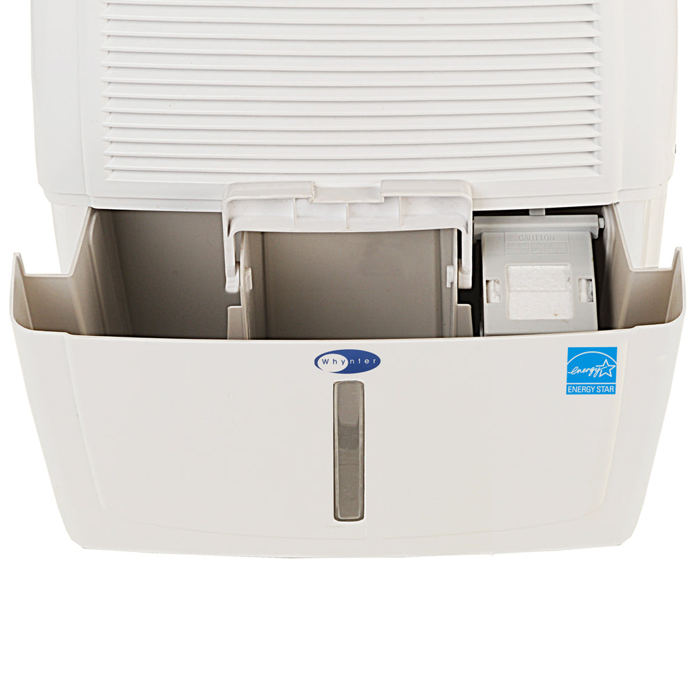 A white device with a lid open, Whynter Energy Star 50 Pint High Capacity up to 4000 sq ft Portable Dehumidifier with Pump.