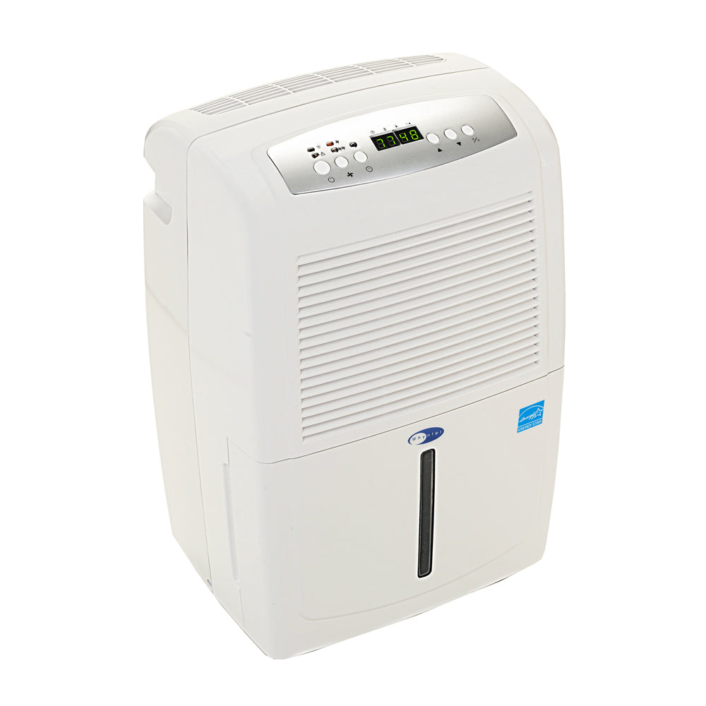 A white rectangular device with a display, silver panel, and green numbers - Whynter Energy Star 50 Pint High Capacity Portable Dehumidifier with Pump.