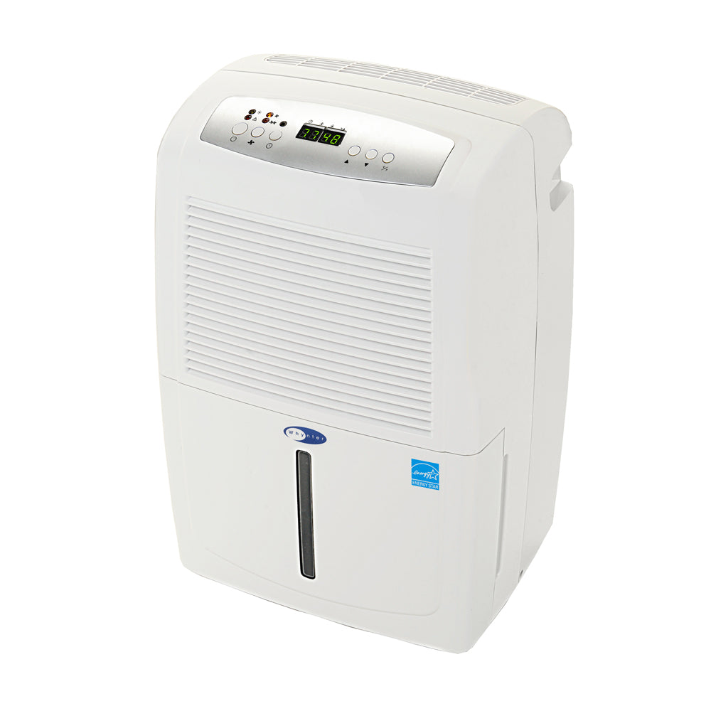 A white rectangular device with a display, the Whynter Energy Star 50 Pint High Capacity up to 4000 sq ft Portable Dehumidifier with Pump.