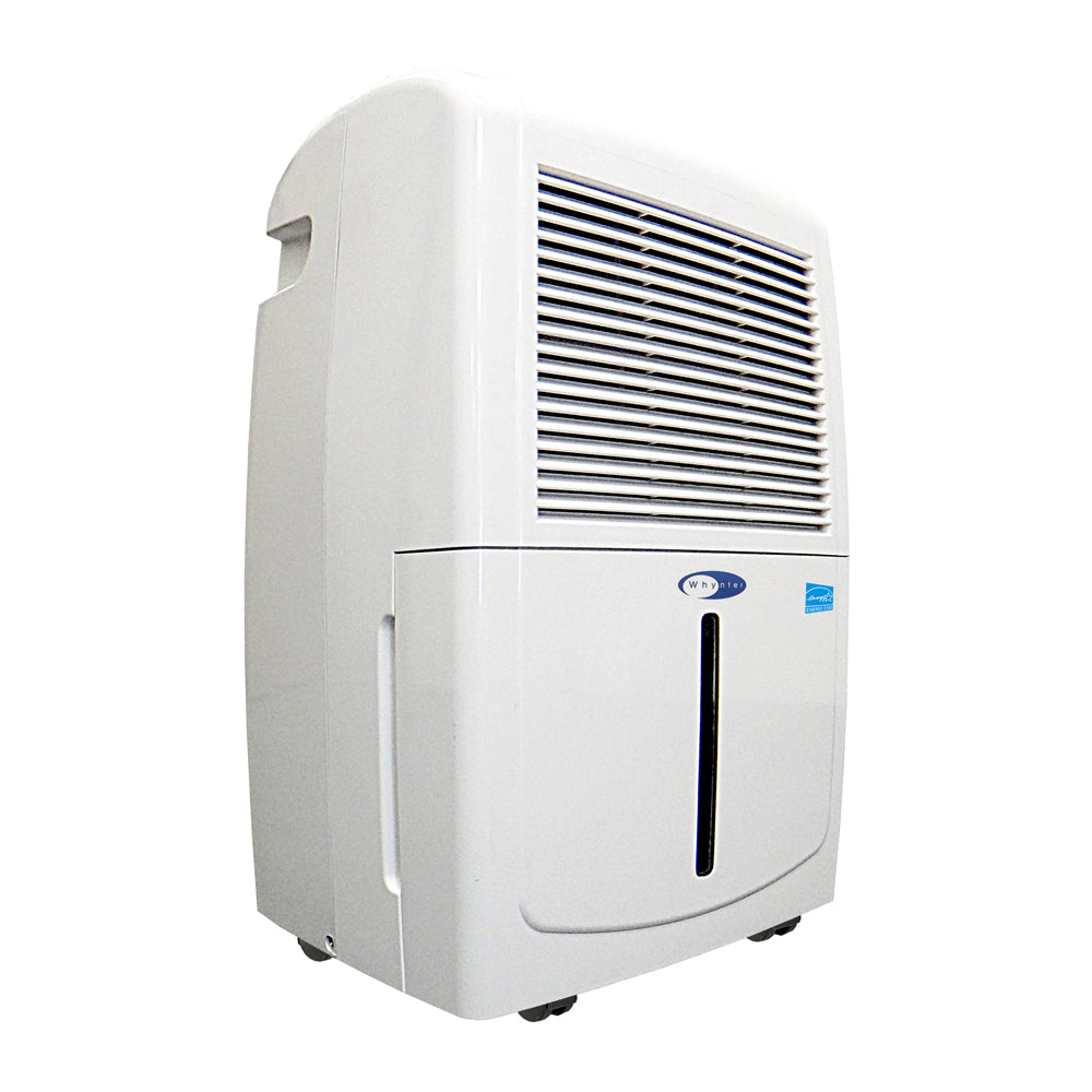 A white rectangular device with a vent, the Whynter Energy Star 50 Pint High Capacity up to 4000 sq ft Portable Dehumidifier with Pump.